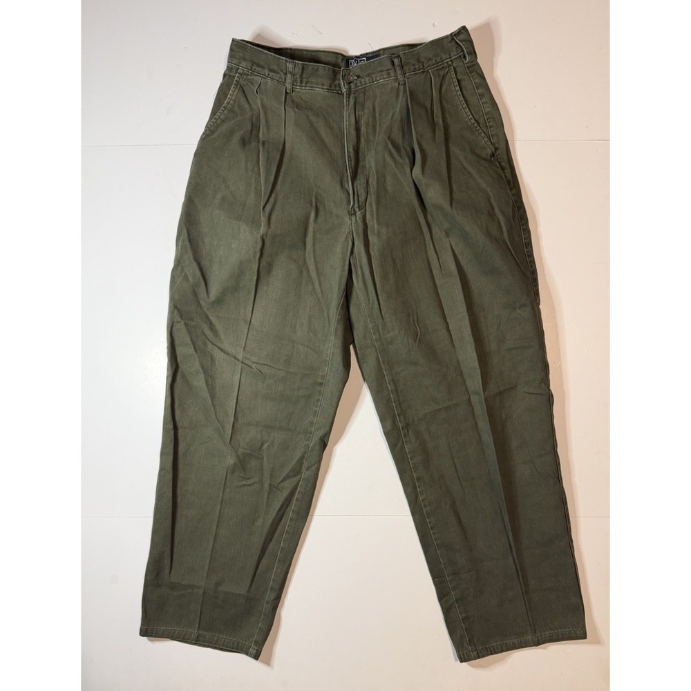 Vintage Polo Ralph Lauren Pants Mens 34 x 30 Green Chino Cotton Pleated Baggy